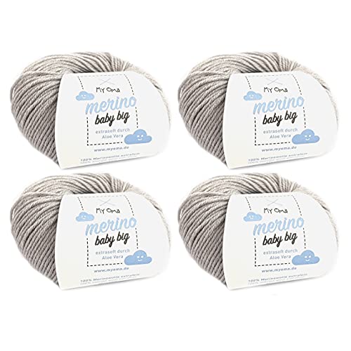 Babywolle Stricken - Merino Baby Big hellgrau (Fb 8005) - 4 Knäuel Babywolle grau + GRATIS Label - Babywolle häkeln - Merinowolle Babywolle grau - 25g/85m - Nadelstärke 4mm - Myoma Babywolle häkeln von My Oma