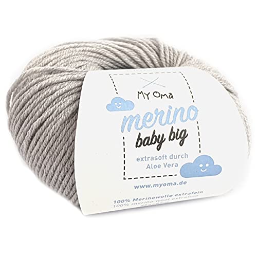 Babywolle stricken - Merino Baby Big hellgrau (Fb 8005) - 1 Knäuel Babywolle grau + GRATIS Label/Babywolle häkeln - Merinowolle Babywolle grau - 25g/85m - Nadelstärke 4mm - MyOma Babywolle häkeln von My Oma