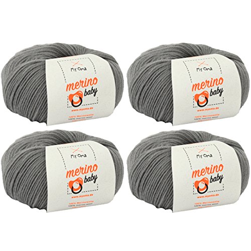 Babywolle zum Häkeln - Merino Baby grau (Fb 6050) - 4 Knäuel Merinowolle Baby grau - 25g/140m - Nadelstärke 2,5-3mm - Babygarn 100% Merino - Baby Babywolle zum Häkeln weich von MyOma 150€/kg von My Oma