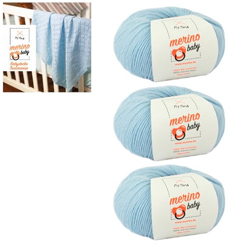 Babywolle zum Stricken weich - Merino Baby Babyblau (Fb 6030) - 4 Knäuel Babywolle blau + GRATIS Label - Baby Wolle Stricken - 25g/140m - Nadelstärke 2,5-3mm - 100% Merinowolle Baby - Babywolle blau von My Oma