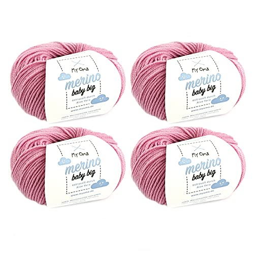 Babywolle zum Stricken weich - Merino Baby Big Pfingstrose (Fb 8015) - 4 Knäuel Babywolle rosa + GRATIS Label - Baby Wolle Stricken - 25g/85m - Nadelstärke 4mm - Merinowolle Baby Altrosa von Myoma von My Oma