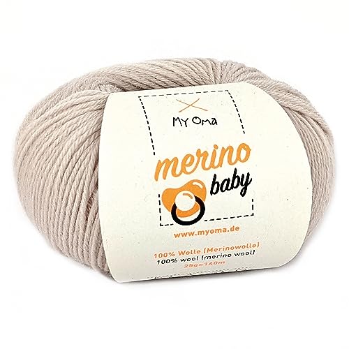 Babywolle zum Stricken weich - Merino Baby leinen (Fb 6060) - 1 Knäuel Babywolle beige + GRATIS Label; Baby Wolle Stricken - 25g/140m; Nadelstärke 2,5-3mm; 100% Merinowolle Baby; Babywolle grün von My Oma