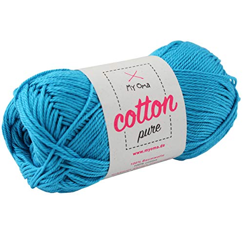 Baumwolle Garn -Myoma Cotton Pure Ozean (Fb 0125)- Baumwolle zum Stricken und Häkeln + GRATIS Anleitung - 1 Knäuel Baumwolle blau/Blaue Baumwollgarn 50g/125m - Nadelstärke 2,5-3,5mm von My Oma