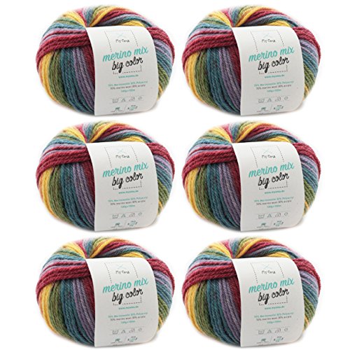 Farbverlaufsgarn Regenbogen - 6 Knäuel Merino Mix big Color fantasy (Fb 5001) - Effektwolle 100g/150 m – Wolle Farbverlaufsgarn Nadelstärke 6-7 mm – Effektgarn MyOma 99,50€/kg von My Oma