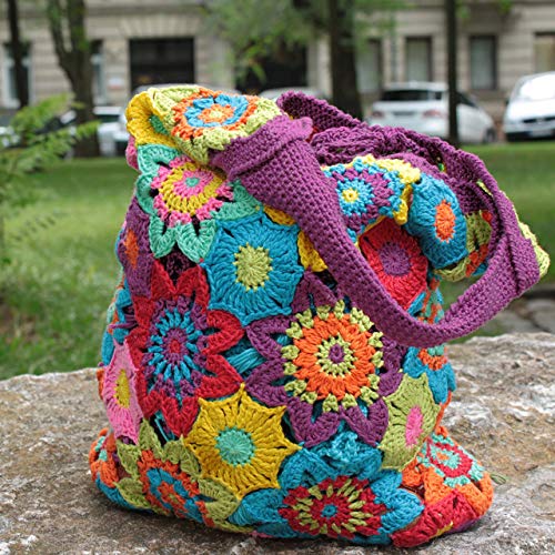 Häkelpackung/Strickpackung - Tasche mit Baumwolle und Häkelanleitung -Häkelpaket Blütentasche- Strickset/Häkelset mit Anleitung und Wolle + GRATIS Myoma-Label - Strickpackung Tasche von My Oma