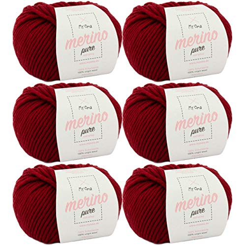 Merino Wolle -6x Merino pure weinrot (Fb 4029)- 6 Knäuel Merino Wolle weinrot + GRATIS Label - Merinowolle extrafein - 50g/65m - Nadelstärke 6-7mm - Merinowolle Rundschal - Merino Handstrickgarn von My Oma