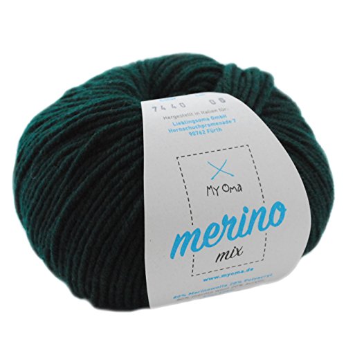 Merino Wolle Stricken - 1 Knäuel Merino Wolle Jägergrün (Fb 7440) - dunkelgrüne Wolle Merino - Wolle Mix + GRATIS Myoma Label - 50g/120m - Myoma Wolle - weiche Wolle - Merino Garn von My Oma