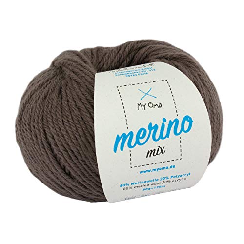 Merino Wolle zum Häkeln - 1 Knäuel Merinowolle Taupe (Fb 7803) - braune Wolle Merino Mix - Wolle Mix zum Häkeln + GRATIS Myoma Label - 50g/120m - Myoma Wolle - weiche Wolle - Merinogarn von My Oma