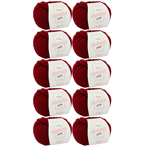 Merino Wolle zum Stricken -10x Merino pure weinrot (Fb 4029)- 10 Knäuel Merinowolle rot + GRATIS Label - Merinowolle extrafein - 50g/65m - Nadelstärke 6-7mm - Merinowolle kaufen - Merinowolle chunky von My Oma