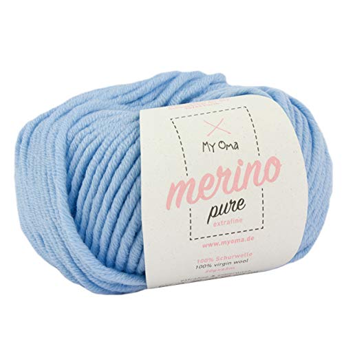 Merino Wolle zum Stricken -1x Merino pure arctic (Fb 46277)- 1 Knäuel Merinowolle blau + GRATIS Label - weiche Wolle - 50g/65m - Nadelstärke 6-7mm - Merinowolle Mütze - Strickwolle Merino von My Oma