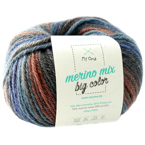 Merinowolle -1 Knäuel Merino Wolle Balance (Fb 5008)- Color Merinowolle zum Stricken + GRATIS Myoma Label - Strickgarn Merino - 100g/150m - Wolle zum Stricken - weiche Wolle - Merino Garn von My Oma