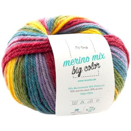 Merinowolle -1 Knäuel Merino Wolle Fantasy (Fb 5001)- Color Merinowolle zum Stricken + GRATIS Myoma Label - Strickgarn Merino -50g/150m - Wolle zum Stricken - Myoma Wolle - weiche Wolle von My Oma