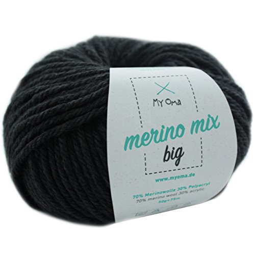 Merinowolle -1 Knäuel Merino Wolle Granit (Fb 3305)- graue Merinowolle zum Stricken + GRATIS Myoma Label - Wolle zum Stricken - Strickgarn Merino - 50g/75m - Myoma Wolle - weiche Wolle - Merino Garn von My Oma