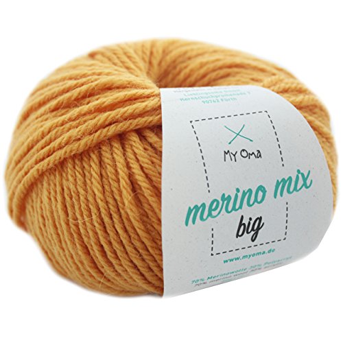 Merinowolle - 1 Knäuel Merino Wolle Honig (Fb 3295) - gelbe Merinowolle zum Stricken + GRATIS Myoma Label - Strickgarn Merino - 50g/75m - Myoma Wolle - weiche Wolle - Merino Garn - Wolle zum Stricken von My Oma