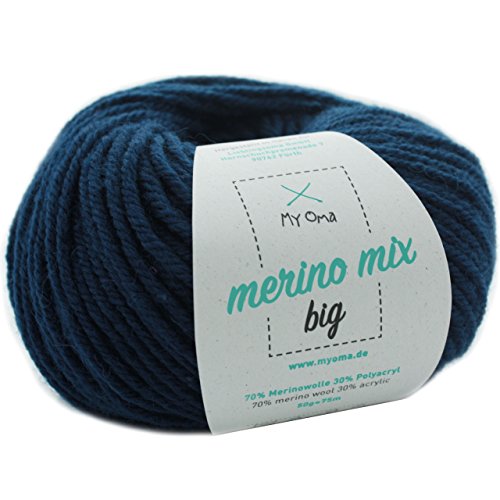 Merinowolle -1 Knäuel Merino Wolle Jeans (Fb 3850)- Blaue Merinowolle zum Stricken + GRATIS Myoma Label - Strickgarn Merino - 50g/75m - Myoma Wolle - Wolle zum Stricken - weiche Wolle - Merino Garn von My Oma