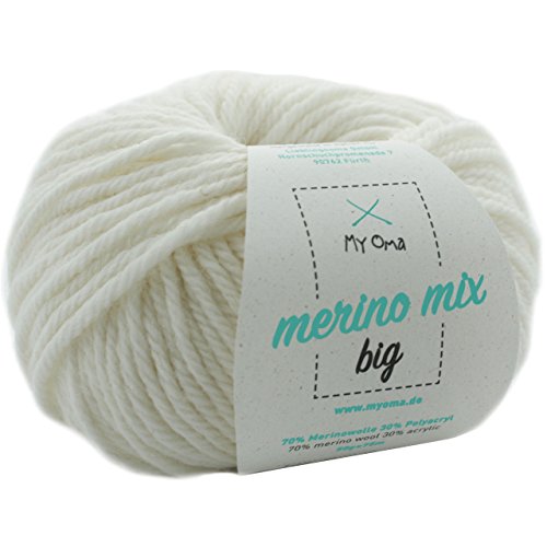 Merinowolle - 1 Knäuel Merino Wolle schneeweiß (Fb 3100) - weiße Merinowolle zum Stricken + GRATIS Myoma Label - Strickgarn Merino - 50g/75m - Myoma Wolle - weiche Wolle - Merino Garn von My Oma