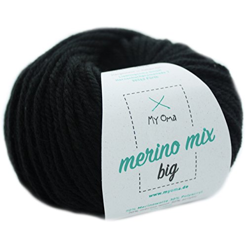 Merinowolle - 1 Knäuel Merino Wolle schwarz (Fb 3200) - Schwarze Merinowolle zum Stricken + GRATIS Myoma Label - Strickgarn Merino - 50g/75m - Myoma Wolle - weiche Wolle - Merino Garn von My Oma