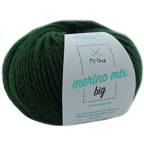 Merinowolle - 1 Knäuel Merino Wolle tannengrün (Fb 3245) - grüne Merinowolle zum Stricken + GRATIS Myoma Label - Strickgarn Merino - 50g/75m - Myoma Wolle - weiche Wolle - Merino Garn von My Oma