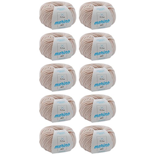 Merinowolle - 10 Knäuel Merino Wolle mandel (Fb 9904) - beige Merinowolle zum Stricken -Strickgarn Merino + GRATIS MyOma Label - 50g/120m - MyOma Wolle - weiche Wolle - Merino Garn von My Oma