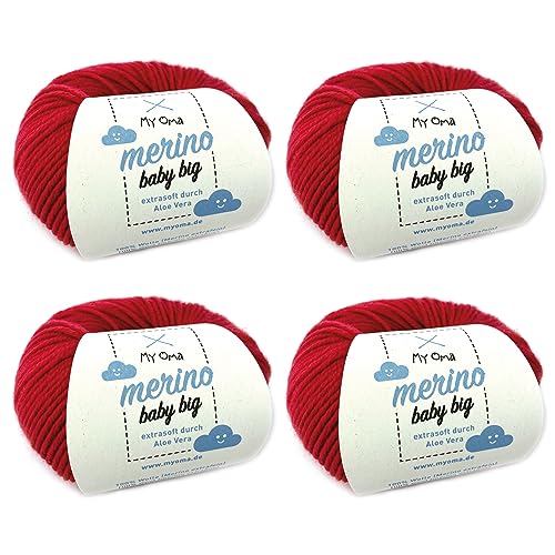 Merinowolle Baby - Merino Baby Big Kirsche (Fb 8025) - 4 Knäuel Babywolle rot + GRATIS Label - Baby Merino Wolle rot - weiche Baby Wolle - 100% Merino - 25g/85m - Nadelstärke 4mm Myoma Babywolle von My Oma