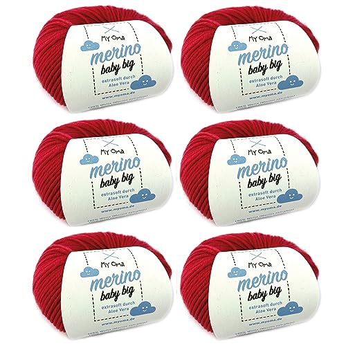 Merinowolle Baby - Merino Baby Big Kirsche (Fb 8025) - 6 Knäuel Babywolle rot + GRATIS Label - Baby Merino Wolle rot - weiche Baby Wolle - 100% Merino - 25g/85m - Nadelstärke 4mm - Myoma Babywolle von My Oma