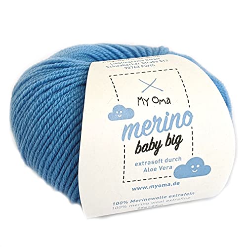 Merinowolle Baby - Merino Baby Big Wolke (Fb 8020) - 1 Knäuel Babywolle blau + GRATIS Label - Baby Merino Wolle blau - weiche Baby Wolle - 100% Merino - 25g/85m - Nadelstärke 4mm - Myoma Babywolle von My Oma