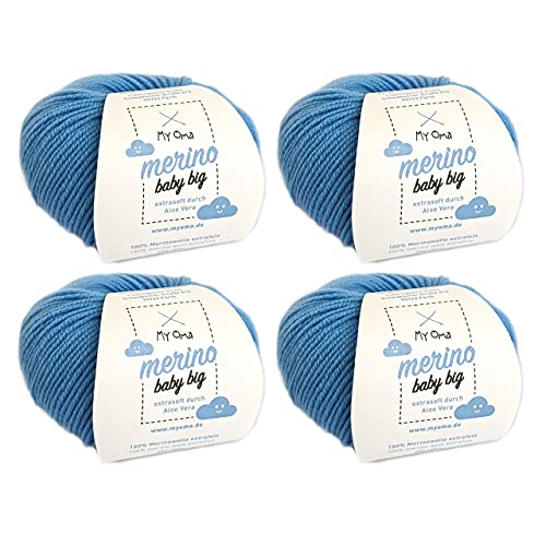 Merinowolle Baby - Merino Baby Big Wolke (Fb 8020) - 4 Knäuel Babywolle blau + GRATIS Label - Baby Merino Wolle blau - weiche Baby Wolle - 100% Merino - 25g/85m - Nadelstärke 4mm - Myoma Babywolle von My Oma