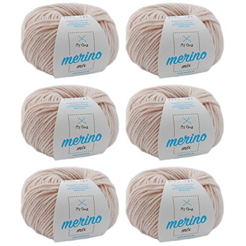 Merinowolle - Merino Wolle mandel (Fb 9904) - 6 Knäuel beige Merinowolle zum Stricken -Strickgarn Merino + GRATIS MyOma Label - 50g/120m - MyOma Wolle - weiche Wolle - Merino Garn von My Oma