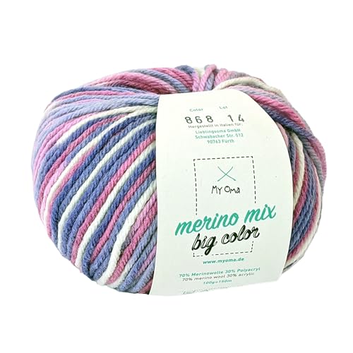 Merinowolle - Merinowolle Candy (Fb 868) - 1 Knäuel Merinowolle lila zum Stricken - dicke Wolle + MyOma Label - 100g/150m - Nadelstärke 6-7mm - MyOma Wolle - Color Wolle von My Oma