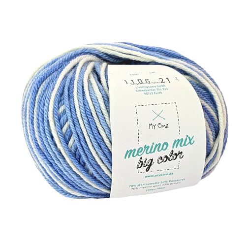 Merinowolle - Merinowolle Sky (Fb 1106) - 1 Knäuel Merinowolle blau zum Stricken - dicke Wolle + MyOma Label - 100g/150m - Nadelstärke 6-7mm - MyOma Wolle - Color Wolle von My Oma