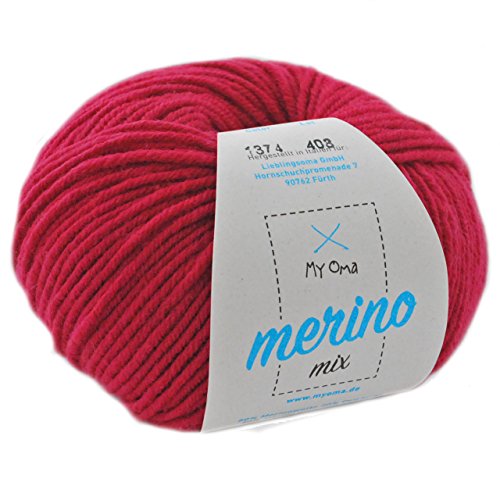 Merinowolle zum Häkeln - 1 Knäuel Merino Wolle Himbeere (Fb 8997) - Pinke Wolle zum Stricken - Wolle Mix + GRATIS Myoma Label - 50g/120m - Myoma Wolle - weiche Wolle - Merinogarn von My Oma