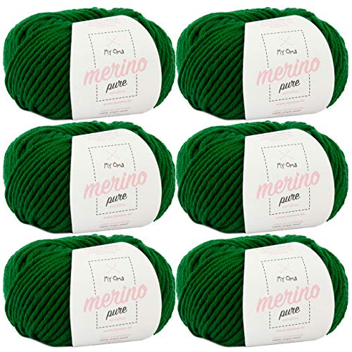 Merinowolle zum Stricken -6x Merino pure waldgrün (Fb 4737)- 6 Knäuel Merinowolle grün + GRATIS Label - weiche Wolle - 50g/65m - Nadelstärke 6-7mm - Wolle Merino fine - Merino Wolle häkeln von My Oma