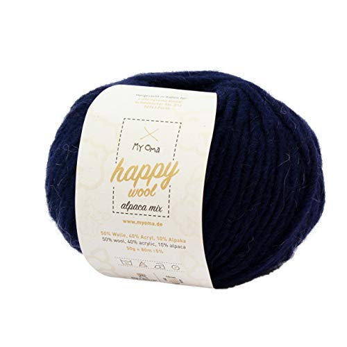 My Oma Alpacawolle Stricken -1x Happy Wool Alpaca Mix Nachtblau (Fb 61)- 1 Knäuel Wolle blau + GRATIS Label - Wolle mit Alpaka - 50g/80m - Nadelstärke 7-8mm - Wolle zum Stricken - Blaue Wolle von My Oma