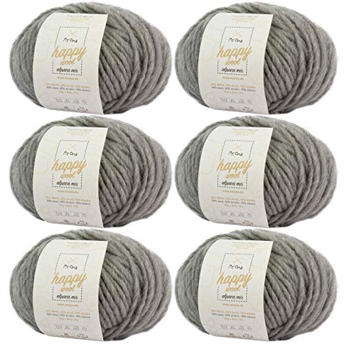 Alpaka Wolle stricken -6x Happy Wool alpaca mix hellgrau (Fb 31)- 6 Knäuel Wolle grau + GRATIS Label - Wolle mit Alpaka - 50g/80m - Nadelstärke 7-8mm -Mischwolle zum Stricken und Häkeln von My Oma