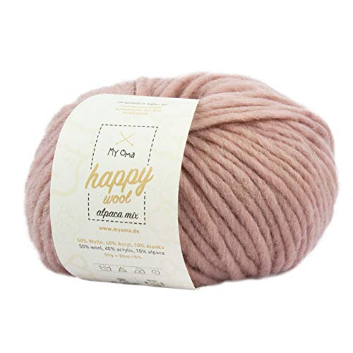 My Oma Alpakawolle zum Stricken -1x Happy Wool Alpaca Mix Puder (Fb 67)- 1 Knäuel Wolle rosa + GRATIS Label - Wolle mit Alpaka - 50g/80m - Nadelstärke 7-8mm - Wolle zum Stricken - rosa Wolle von My Oma