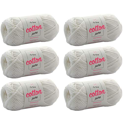 My Oma Baumwolle häkeln weiß Cotton Pure naturweiß (Fb 0100)-Baumwolle weiß + GRATIS Anleitung – 6 Knäuel weißes Baumwollgarn/weiße Baumwolle – 50g/125m – Nadelstärke 2,5-3,5 mm von My Oma