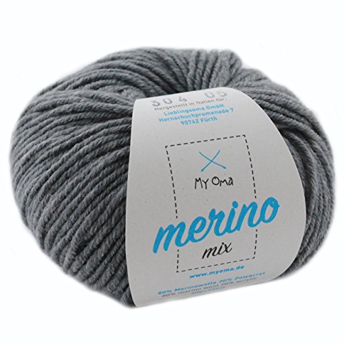 My Oma Wolle zum Stricken - 1 Knäuel Merinowolle Steingrau (Fb 304) - Dunkelgraue Wolle zum Häkeln - Strickgarn Merinowolle + GRATIS Label - 50g/120m - Myoma Wolle - weiche Wolle - Mischgarn von My Oma