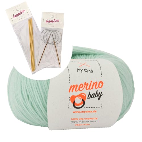 MyOma Merino Baby Wolle Garn-Set – 1 Knäuel inkl. Nadelset, 100% Merinowolle in mint (Fb 6045), 25g/140m, inkl. Bambus Rundstricknadeln & Nadelspiel in 2,5 mm + Strickanleitung von My Oma