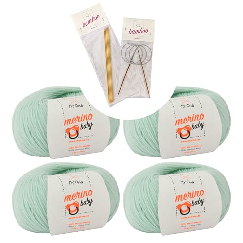 MyOma Merino Baby Wolle Garn-Set – 4 Knäuel inkl. Nadelset, 100% Merinowolle in mint (Fb 6045), 25g/140m, inkl. Bambus Rundstricknadeln & Nadelspiel in 2,5 mm + Strickanleitung von My Oma