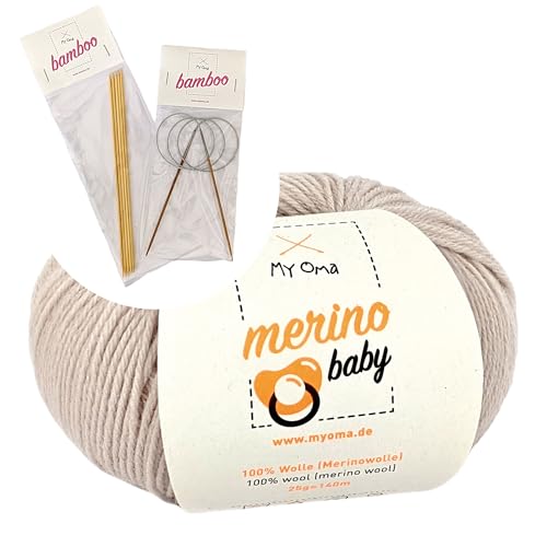 MyOma Merino Baby Wolle Kit – 1 Knäuel 100% Merinowolle in leinen (Fb 6060), inkl. Bambus Rundstricknadeln & Nadelspiel in 2,5 mm + Strickanleitung von My Oma