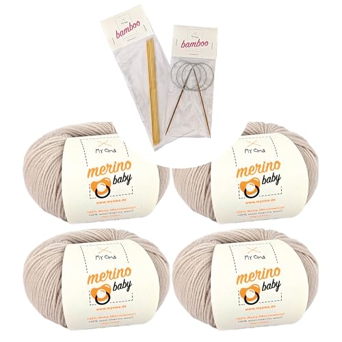 MyOma Merino Baby Wolle leinen (Fb 6060), 4 Knäuel, 100% Merino, 25 g/140 m, inkl. Bambus Rundstricknadeln & Nadelspiel in 2,5 mm + Strickanleitung von My Oma