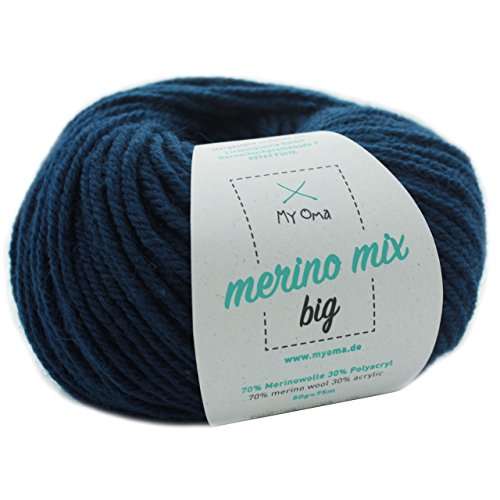 Winterwolle Stricken - 1 Knäuel Merino Mix Wolle Jeans (Fb 3850)- Merinowolle zum Stricken von Mützen und Schals in blau - Merino Wolle - Strickgarn Merino - Nadelstärke 6-7mm - (79,00 €/kg) von My Oma