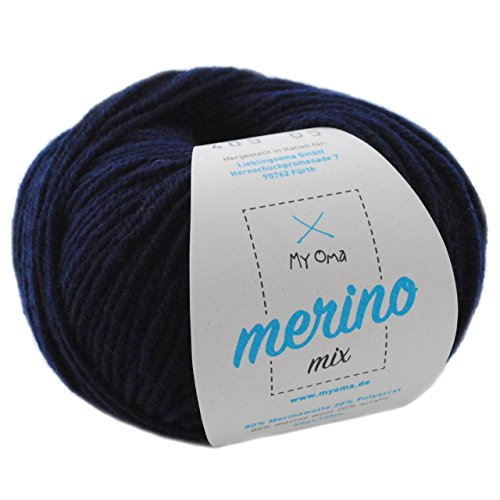 Wolle Merino Mix - 1 Knäuel Merinowolle Marine (Fb 409) - Blaue Wolle Merino - Wolle Mischgarn + GRATIS Myoma Label - 50g/120m - Myoma Wolle - weiche Wolle - Merinogarn von My Oma