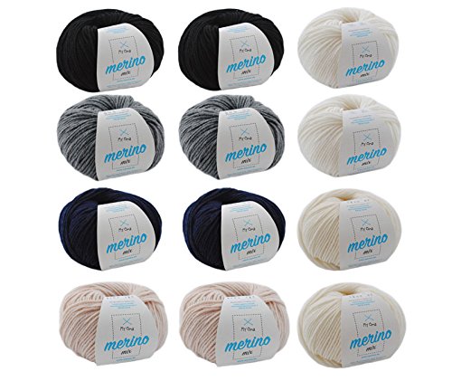 Wolle Set - Wollepaket Grundfarben 12 Knäuel Merinowolle zum Stricken Merino Mix von Myoma - Merinowolle Stricken - Wolle Stricken - 6 Farben Merino Mix - Merinowolle 50g - Strickgarn Merino von My Oma