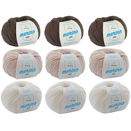 Wolle Set - Wollmix Milchkaffee XL Merino Mix MyOma - 9 Kn. Merinowolle natur - 80%Merinowolle – 4,0-4,5mm Nadelstärke – Mischwolle zum Stricken und Häkeln 50g/125m – GRATIS MyOma Label – MyOma Wolle von My Oma