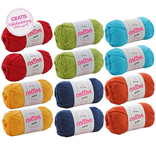 Wolle Set zum Häkeln - Wolle Paket Papagei groß + GRATIS Anleitung - 12 Knäuel Cotton pure Baumwolle - Baumwolle Garn Set – Baumwolle häkeln - 50g/125m, Nadelstärke 2,5-3,5mm – 100% reine Baumwolle von My Oma