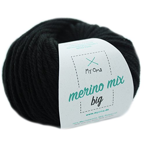 Wolle häkeln - 1 Knäuel Merinowolle schwarz (Fb 3200) - schwarze Wolle häkeln - Merino Garn - 50g/75m + GRATIS MyOma Label - MyOma Wolle - weiche Wolle - Mischwolle stricken von My Oma