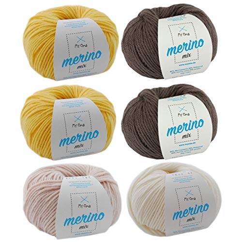 Wolle set - Merino Mix Wollmix Giraffe L - 6 Kn�uel Merino Mix - Strickgarn Merinowolle + GRATIS MyOma Label - MyOma Wolle - weiche Wolle in Naturt�nen gelb, beige und wei� - Nadelst�rke 4,0-4,5 mm von My Oma