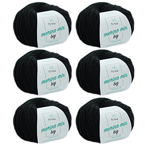 Wolle zum Stricken - Merinowolle schwarz (Fb 3200) - 6 Knäuel schwarze Merino Wolle zum Stricken - dicke Wolle + GRATIS MyOma Label - 50g/75m - Nadelstärke 6-7mm - weiche Wolle - Merino Garn von MyOma von My Oma