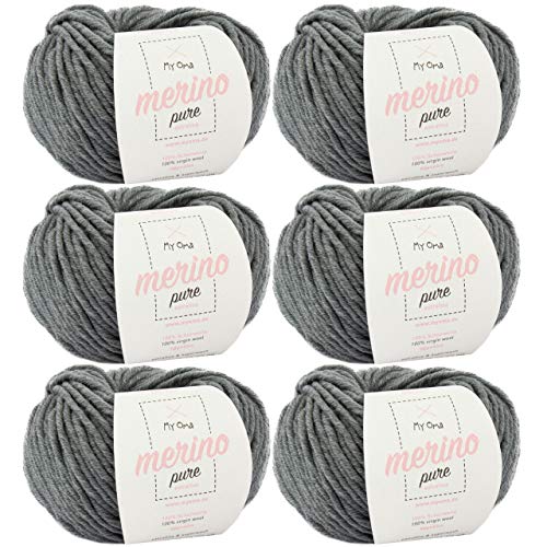 weiche Wolle -6x Merino pure steingrau (Fb 4303)- 6 Knäuel Merinogarn grau + GRATIS Label - Wolle zum Häkeln - 50g/65m - Nadelstärke 6-7mm - 100% Merino - Merino Wolle grau zum Stricken von My Oma